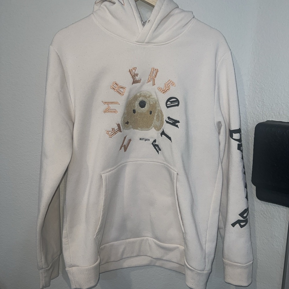 Members Only UPSIDE DOWN TEDDY FACE Mens BEIGE Pullover Hoodie Sweatshirt MEDIUM